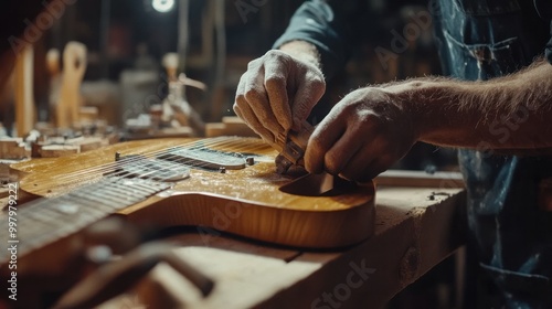 A close-up of a smith creating an electronic guitar. A skilled carpenter uses a grinding machine to smooth the body of a guitar. Caucasian craftsman in a chic workshop. notion of both entrepreneurship