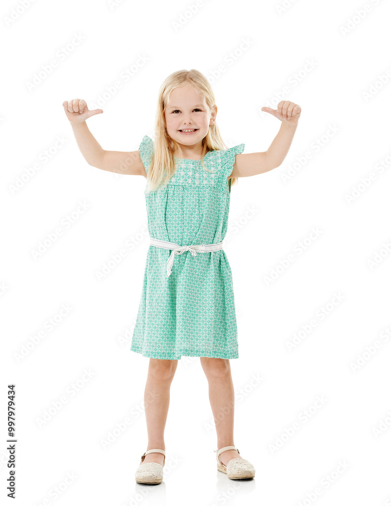 Child, girl and portrait with thumbs up for fashion in studio with outfit approval or agreement to style. Kid, mockup and happy with hand gesture for good news, clothes or success on white background Child, girl and portrait with thumbs up for fashion in studio with outfit approval or agreement to style. Kid, mockup and happy with hand gesture for good news, clothes or success on white background