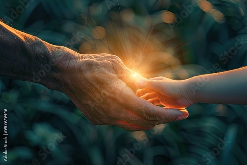 Hand of adult man and child holding hand together, father giving son the light for future concept. ,copy space, High quality