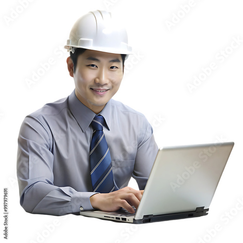 Male construction foreman in a safety vest and a helmet looking away