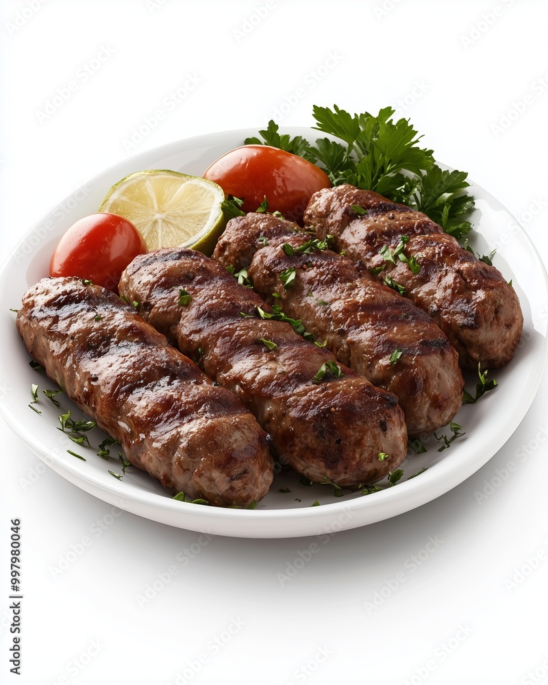 Delicious grilled sausages garnished with fresh herbs, accompanied by sliced tomatoes and lemon on a white plate. Perfect for showcasing cuisine and food styling. Delicious grilled sausages garnished with fresh herbs, accompanied by sliced tomatoes and lemon on a white plate. Perfect for showcasing cuisine and food styling.