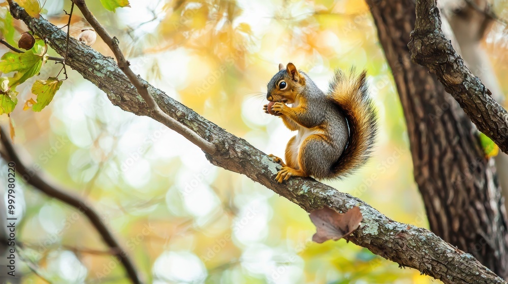 Squirrel Perched on Tree Branch Nibbling Food Squirrel Perched on Tree Branch Nibbling Food