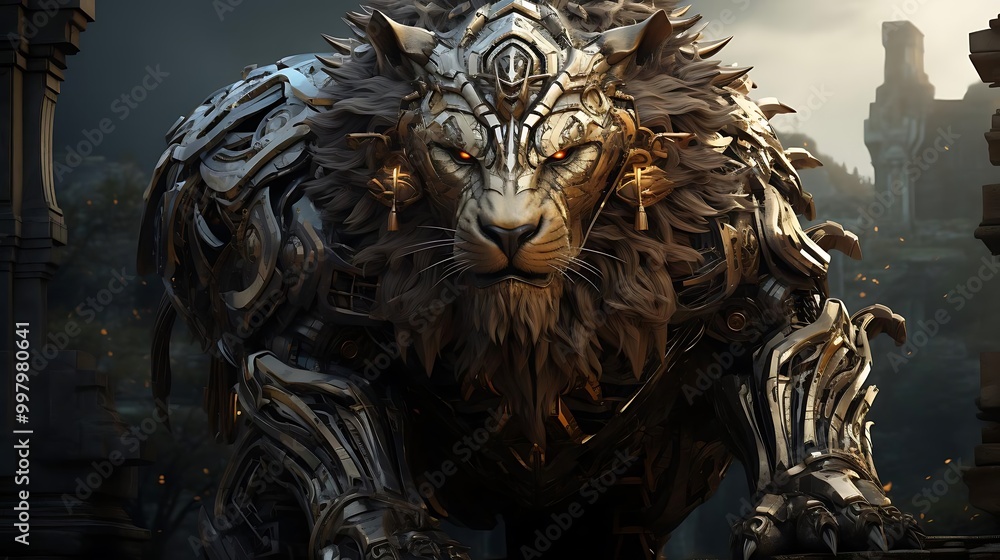 Fototapeta premium A majestic robotic lion with intricate details and glowing eyes in a mystical landscape.