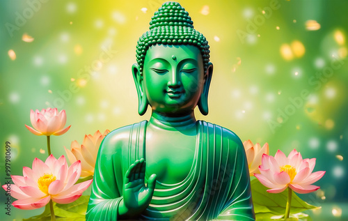 Green jade Buddha surrounded by pink lotus flowers