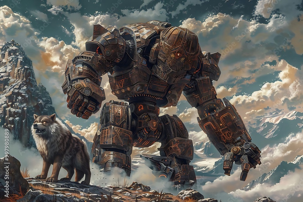 Fototapeta premium A giant robotic figure towers over a wolf in a dramatic mountainous landscape.