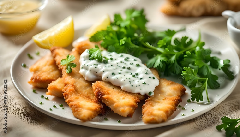 Crispy Fish strips with tartar sauce in a plate
Crispy Fish strips with tartar sauce in a plate
