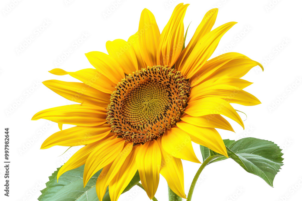 Bright sunflower with lush green leaves, white isolate background. Bright sunflower with lush green leaves, white isolate background.