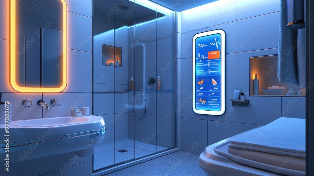 A smart bathroom with a self-cleaning system, ambient sound for relaxation, and mirrors that display daily health stats A smart bathroom with a self-cleaning system, ambient sound for relaxation, and mirrors that display daily health stats