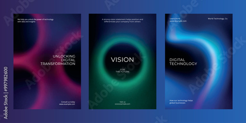 Digital technology business dark poster template vector set. Business dark gradient poster design set. Digital technology business poster in dark blue. Vector set. Modern design poster template