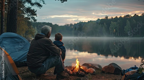Three generations of men grandfather, father and grandson sit together by the campfire next to the tent in the evening against the background of fog over the river.