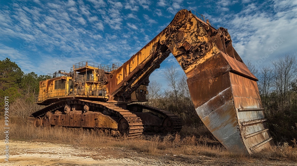 A giant steam shovel leans against the ground, showcasing its impressive size and industrial design. A giant steam shovel leans against the ground, showcasing its impressive size and industrial design.