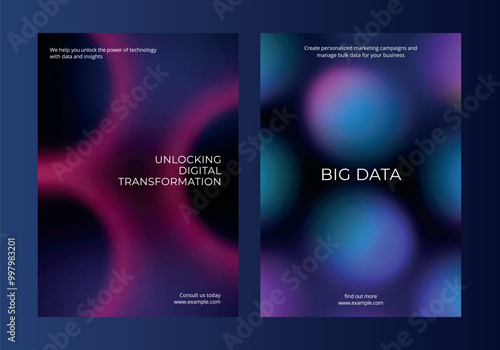 Digital technology business dark poster template vector set. Business dark gradient poster design set. Digital technology business poster in dark blue. Vector set. Modern design poster template