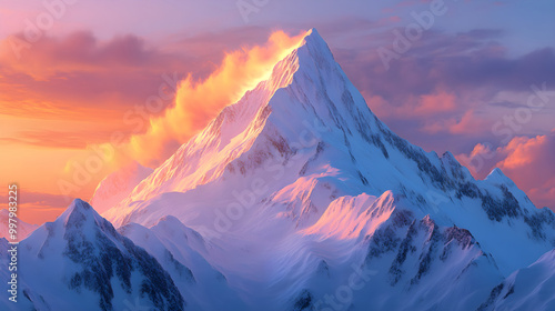 The icy wind whipping across the ridges of a snow-covered mountain peak at sunset