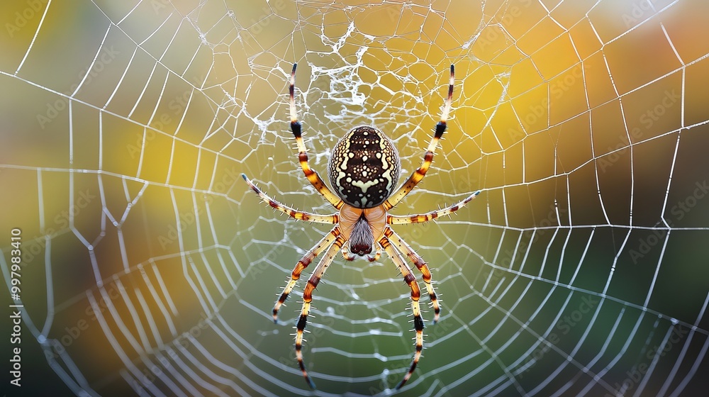An Argiope spider delicately positioned in its intricately designed orb web, showcasing its unique web decorations. An Argiope spider delicately positioned in its intricately designed orb web, showcasing its unique web decorations.