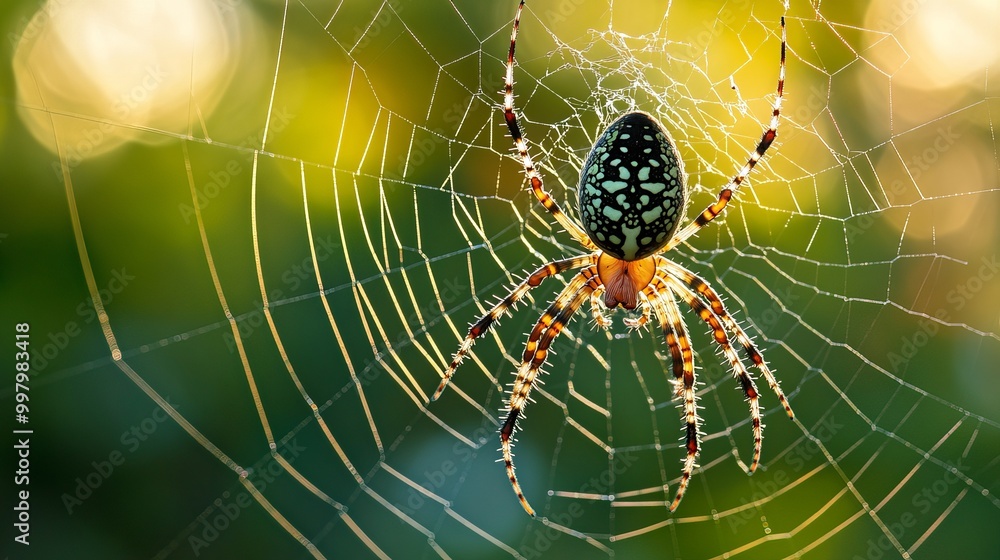 An Argiope spider delicately positioned in its intricately designed orb web, showcasing its unique web decorations. An Argiope spider delicately positioned in its intricately designed orb web, showcasing its unique web decorations.