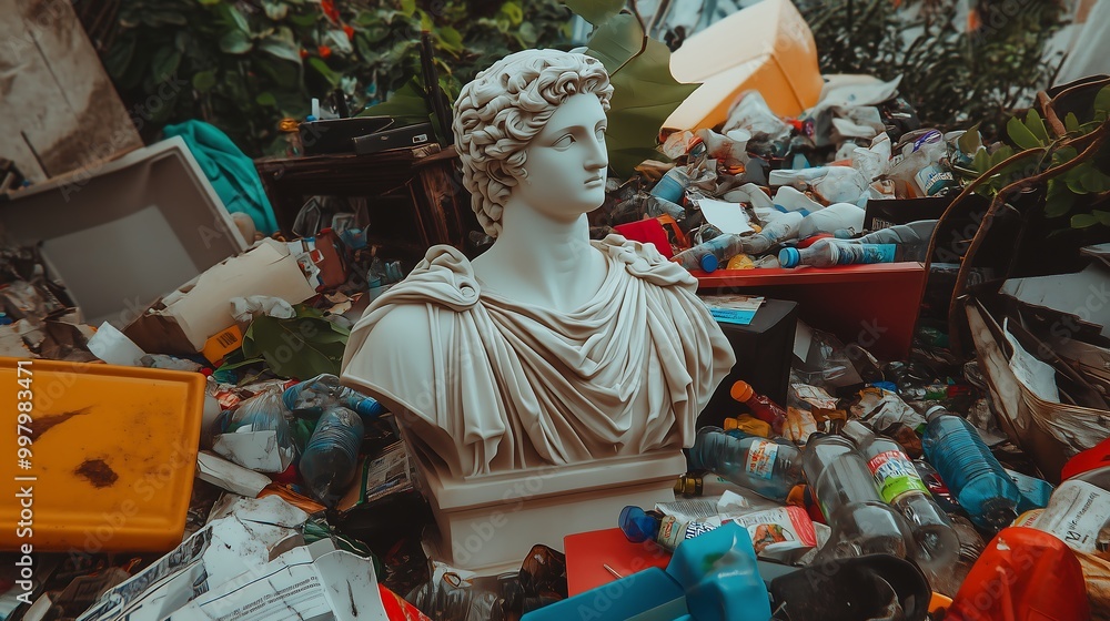 Fototapeta premium A white Greek-Roman statue abandoned amidst a heap of trash, surrounded by various discarded items such as plastic bottles, old newspapers, and broken furniture.
