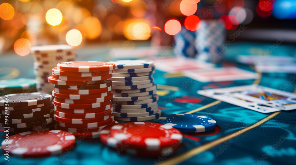 Close-up of various colored poker chips stacked on a casino table with a bokeh background, capturing the excitement and atmosphere of gambling. Close-up of various colored poker chips stacked on a casino table with a bokeh background, capturing the excitement and atmosphere of gambling.