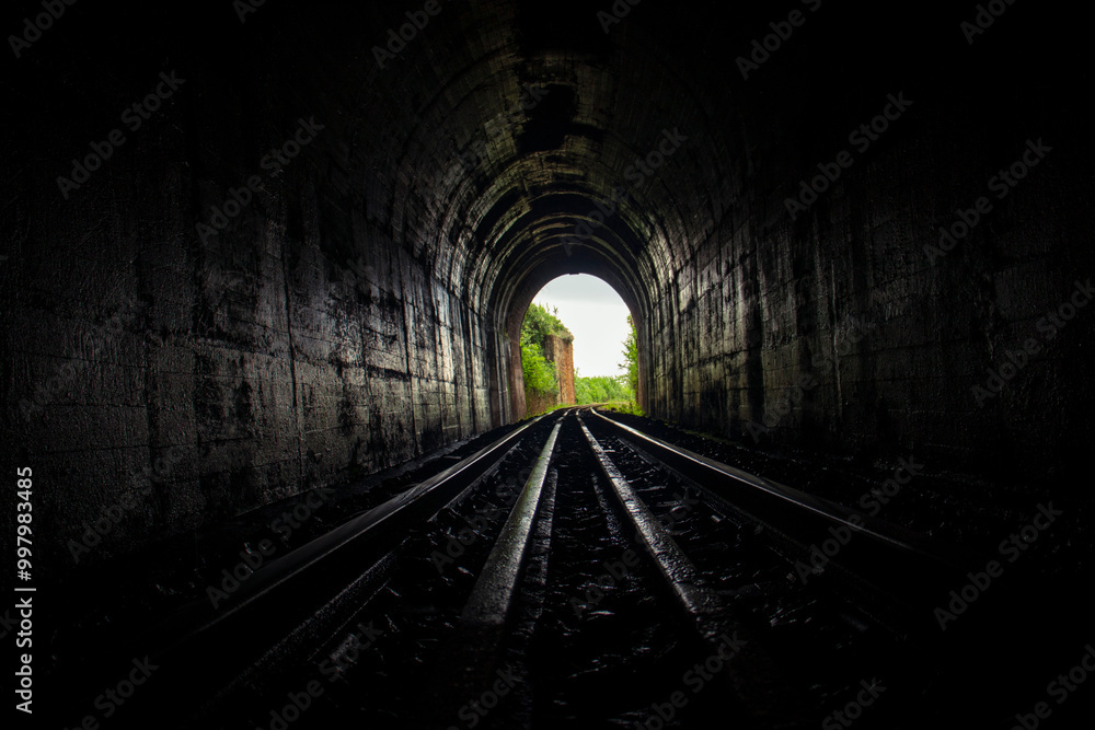 Obraz premium An old dark and abandoned railway tunnel passing through the countryside 