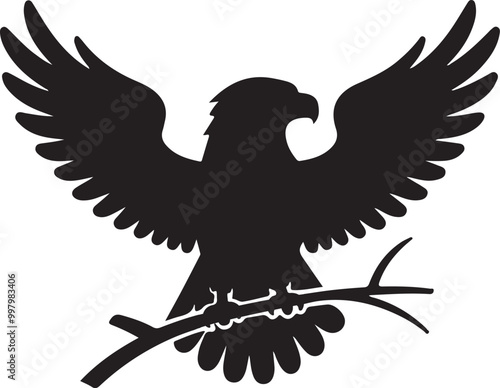 A bald eagle mascot bird with wings spread flying to land on a rock illustration in a vintage woodcut style