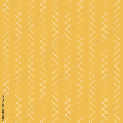Geometric seamless pattern with crisscrossing x-shapes aligned vertically on a warm yellow background.