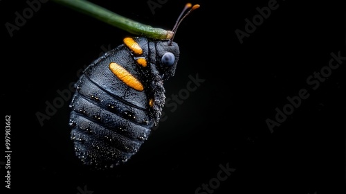 Close-up of a vibrant nymph on a dark background at night