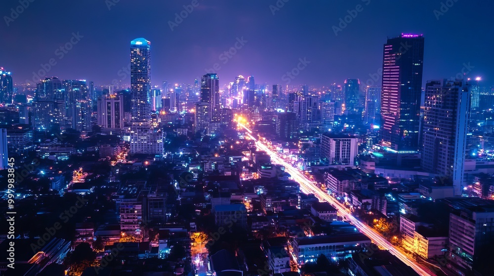 A stunning cityscape of Bangkok, Thailand, at night, illuminated by the vibrant glow of city lights. A stunning cityscape of Bangkok, Thailand, at night, illuminated by the vibrant glow of city lights.