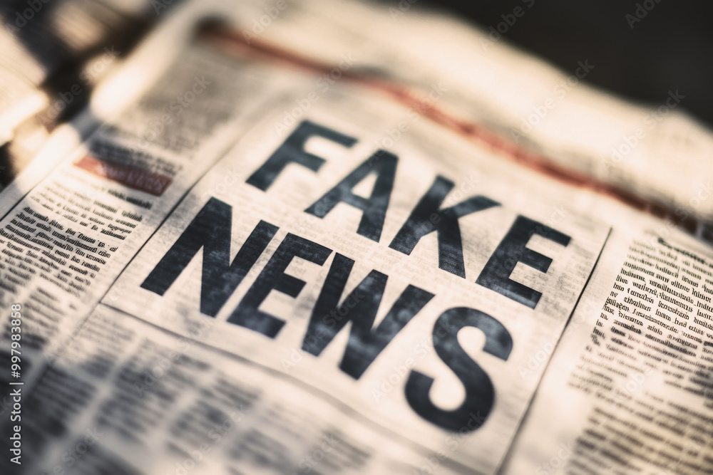 Newspapers with Fake News headline. Concept of media bias, misinformation and modern journalism challenges. Manipulation of citizenship consciousness with help of mass media