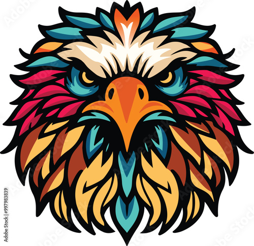 Eagle head flat design, front view, eagle theme, cartoon drawing, black and white photo