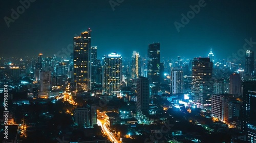 A stunning cityscape of Bangkok, Thailand, at night, illuminated by the vibrant glow of city lights. 