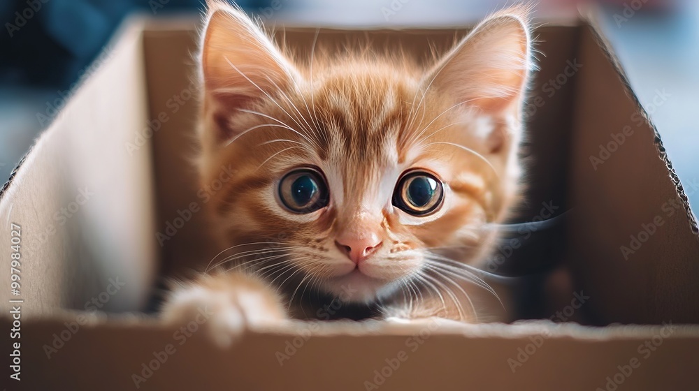 A cute baby orange cat peeking out of a cardboard box, its big, curious eyes shining with innocence. A cute baby orange cat peeking out of a cardboard box, its big, curious eyes shining with innocence.