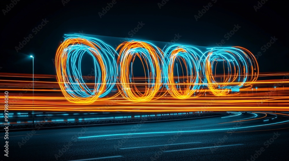 Dynamic light trails illuminating a busy street at night with motion Dynamic light trails illuminating a busy street at night with motion