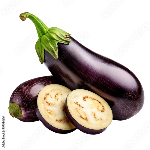 full long eggplants and sliced eggplants Isolated on transparent background  for food and vegetable clipart photo