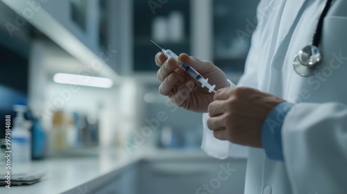  doctor holding a syringe filled with medication, preparing to administer an injection photo