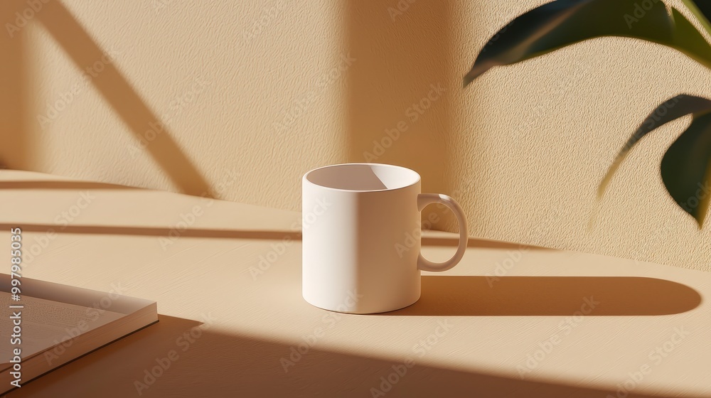 Simple white mug casting shadow on a beige background surface Simple white mug casting shadow on a beige background surface