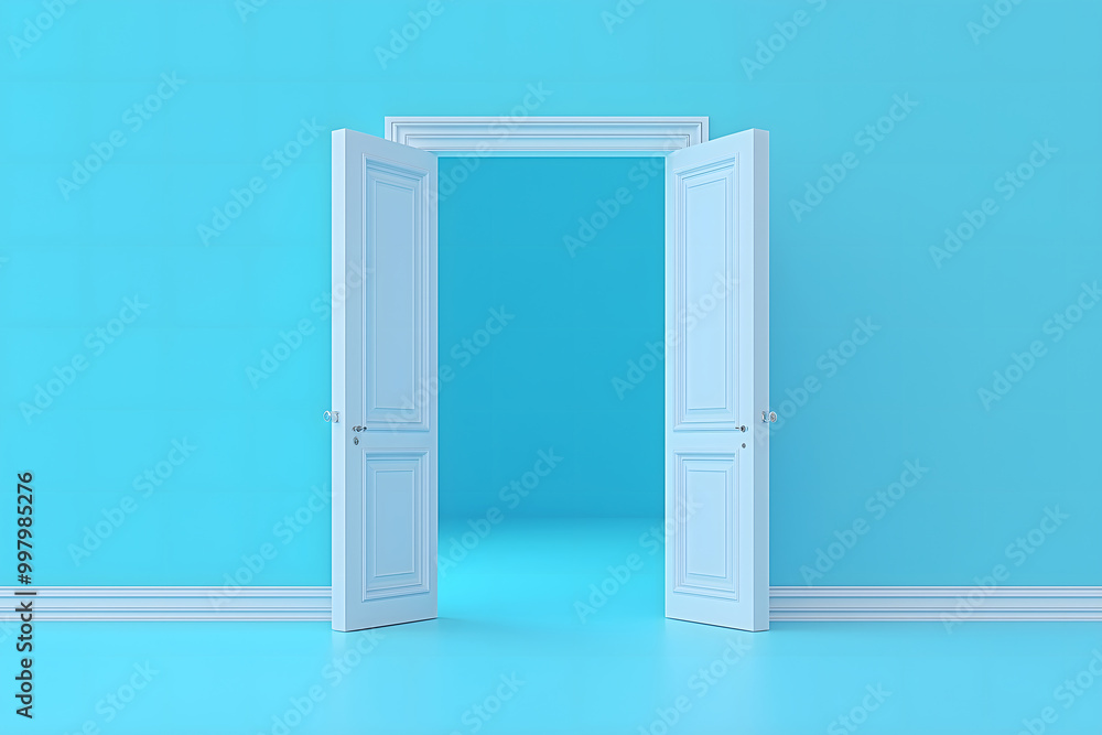 The open door on a blue wall with copy space, representing an entrance to success and a business concept The open door on a blue wall with copy space, representing an entrance to success and a business concept