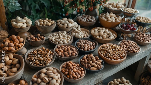 A variety of nuts beautifully arranged in dishes, showcasing different types such as almonds, walnuts, cashews, and pistachios.