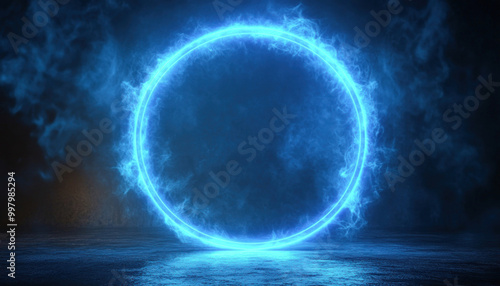 Blue fire ring glowing in dark background with smoke