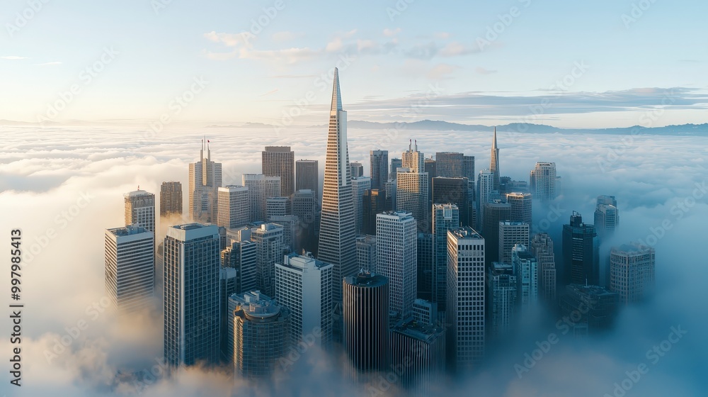 Fototapeta premium Foggy cityscape with tall skyscrapers emerging above the clouds at sunrise