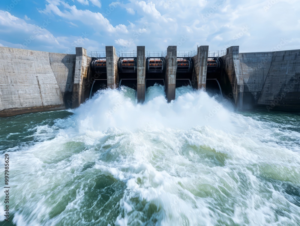 A stunning view of a hydroelectric dam releasing powerful water flow under a bright blue sky. A stunning view of a hydroelectric dam releasing powerful water flow under a bright blue sky.