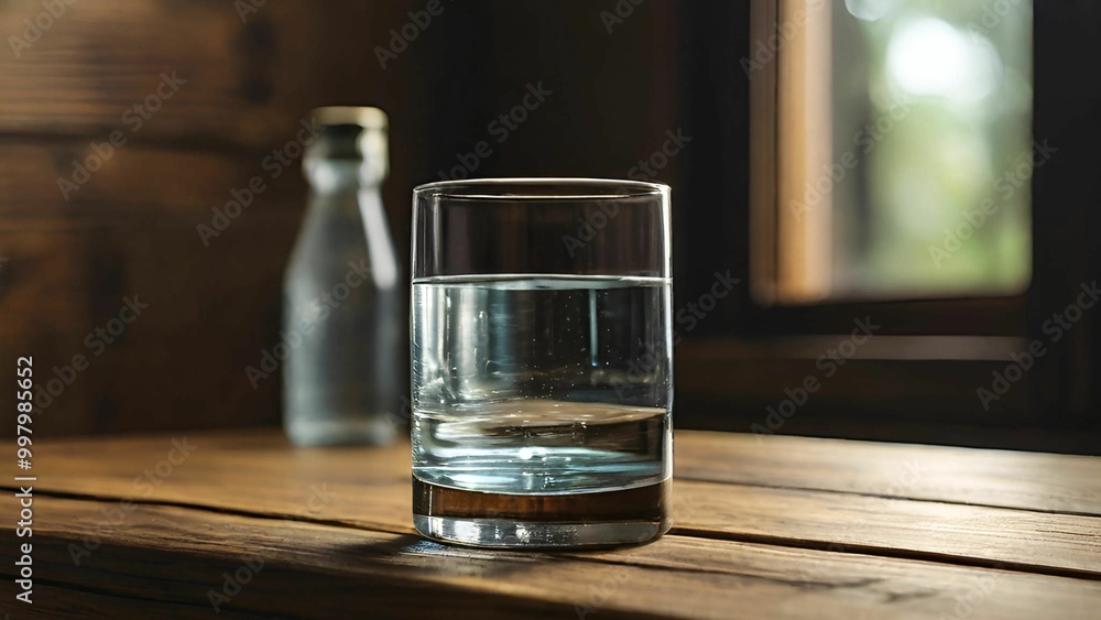 Glass of water on the wooden table Glass of water on the wooden table
