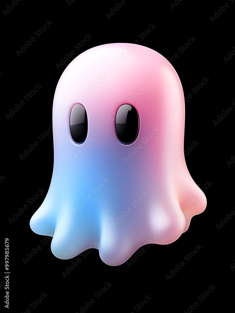 A smooth, emoji-like ghost rendered in 3D with vibrant holographic colors on a black backdrop. The Octane-rendered design has a minimalist feel, with plenty of space for text or graphic elements.
