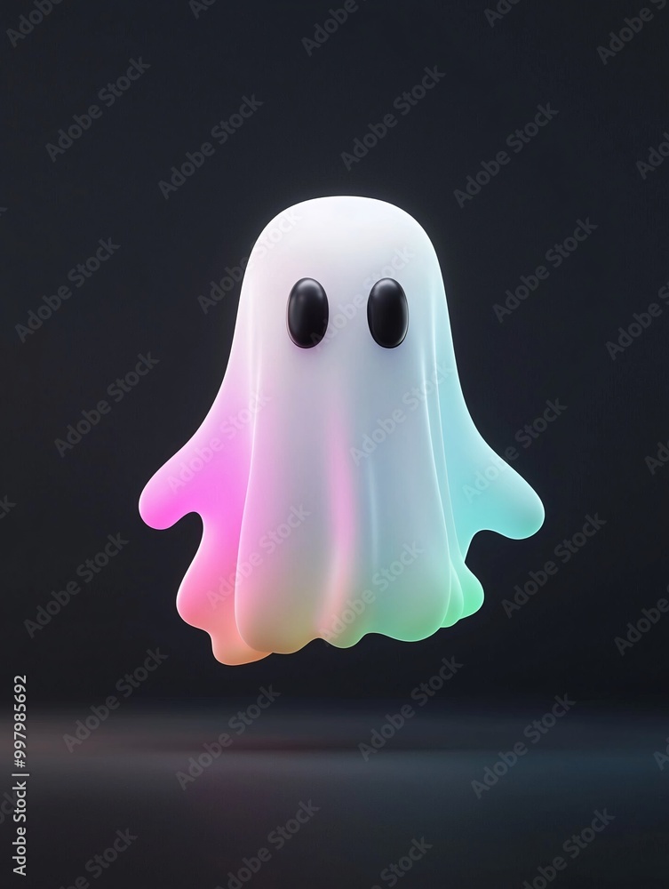 A smooth, emoji-like ghost rendered in 3D with vibrant holographic colors on a black backdrop. The Octane-rendered design has a minimalist feel, with plenty of space for text or graphic elements. A smooth, emoji-like ghost rendered in 3D with vibrant holographic colors on a black backdrop. The Octane-rendered design has a minimalist feel, with plenty of space for text or graphic elements.