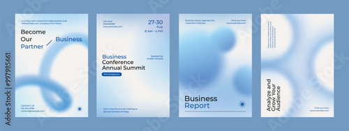 Gradient blue business poster template vector set. Vector set of business pastel blue poster. Professional business annual poster. Minimal and simple poster design set. Business report poster in blue