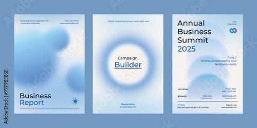 Gradient blue business poster template vector set. Vector set of business pastel blue poster. Professional business annual poster. Minimal and simple poster design set. Business report poster in blue