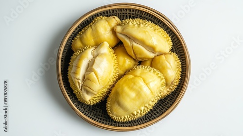 Top view of vibrant yellow fresh peeled Durian pulp, specifically the Monthong variety, also known as the 