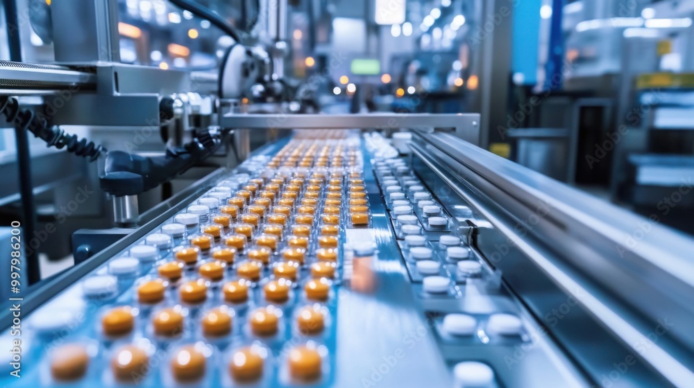 pharmaceutical manufacturing line, with automated machines precisely packaging tablets into blister packs. pharmaceutical manufacturing line, with automated machines precisely packaging tablets into blister packs.