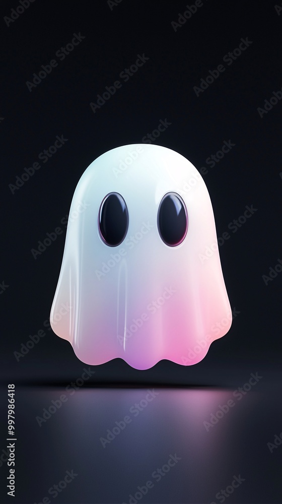 A bright, cartoonish ghost rendered in 3D with a holographic gradient stands out on a deep black background, offering ample copy space for text or additional design elements. A bright, cartoonish ghost rendered in 3D with a holographic gradient stands out on a deep black background, offering ample copy space for text or additional design elements.