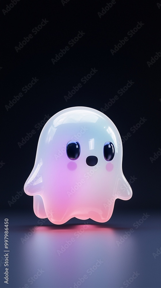 A bright, cartoonish ghost rendered in 3D with a holographic gradient stands out on a deep black background, offering ample copy space for text or additional design elements. A bright, cartoonish ghost rendered in 3D with a holographic gradient stands out on a deep black background, offering ample copy space for text or additional design elements.