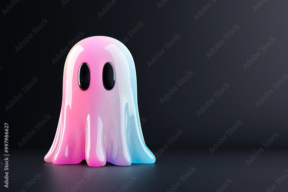 A colorful, holographic ghost emoji rendered in 3D against a black background, designed in a minimalist style. The image offers plenty of copy space for text or branding. A colorful, holographic ghost emoji rendered in 3D against a black background, designed in a minimalist style. The image offers plenty of copy space for text or branding.