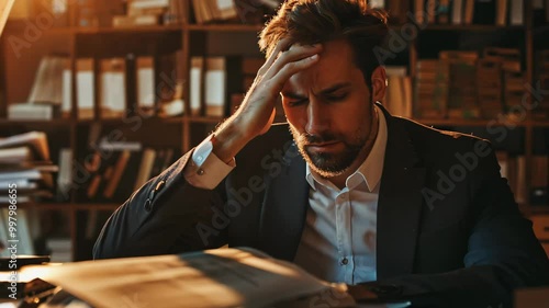 Stressed Worried Sad Businessman Working Surrounded by Papers in Office – Workload and Job Depression Concept